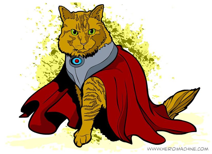 Super-hero ginger cat with a red cape