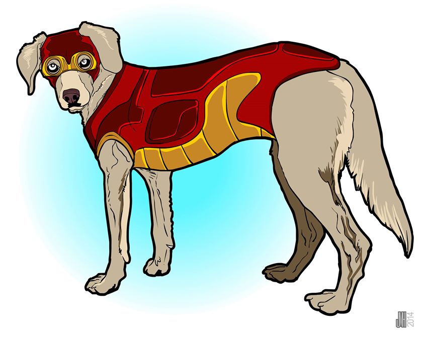 Grayhound looking dog in Iron Man armor