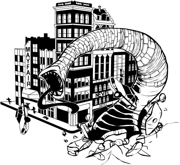 Giant worm bursting through a street in front of a main street town block