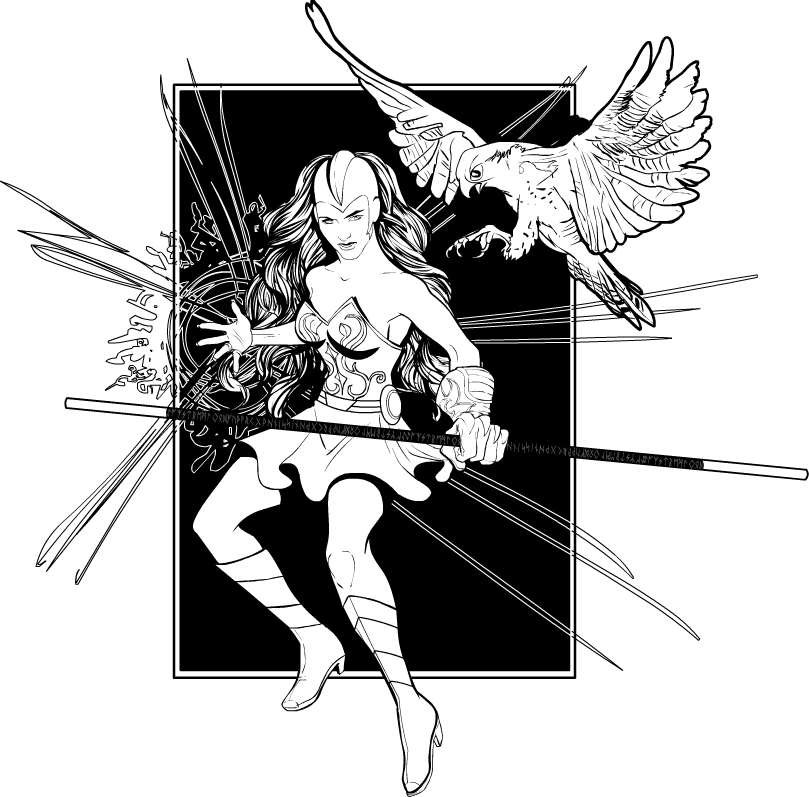 Celtica, a Celtic female warrior with staff and her falcon