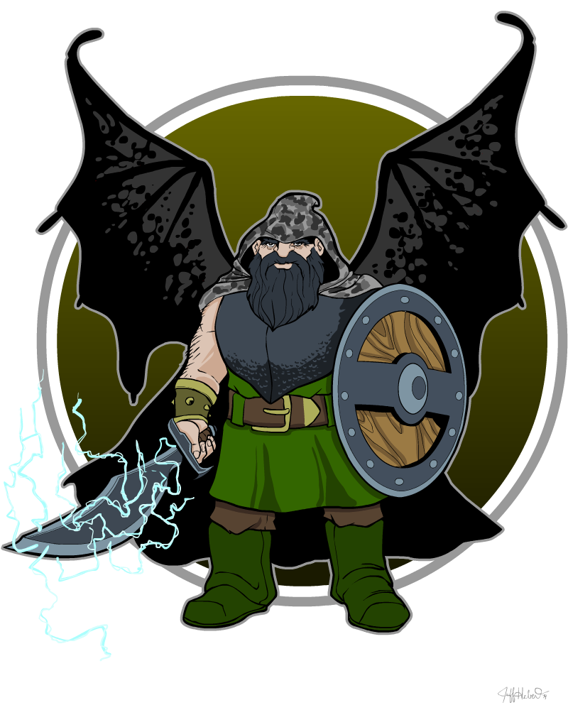 Fantasy dwarf with a lightning sword and bat wings